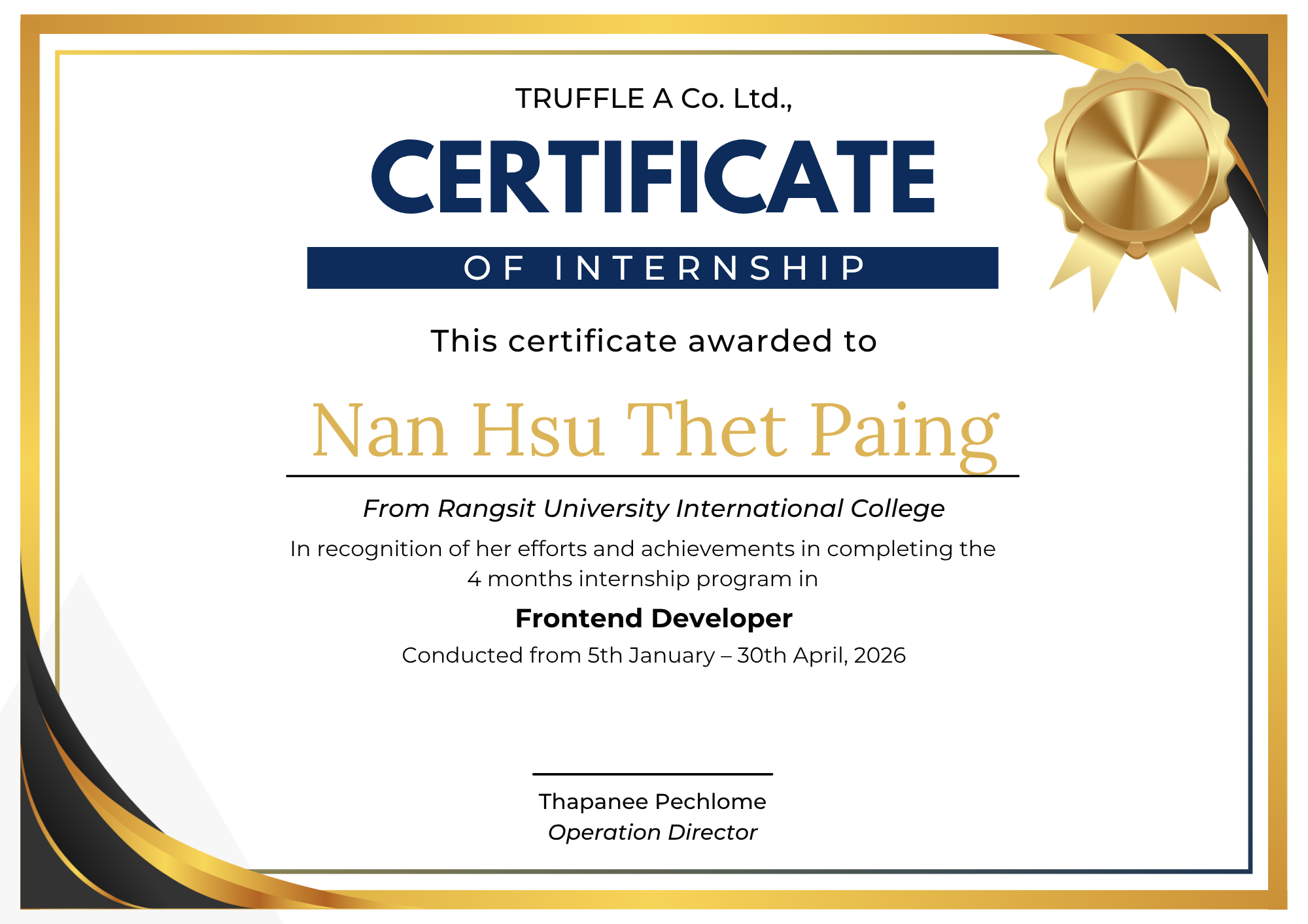 Internship completion certificate from TRUFFLE A Co., Ltd.